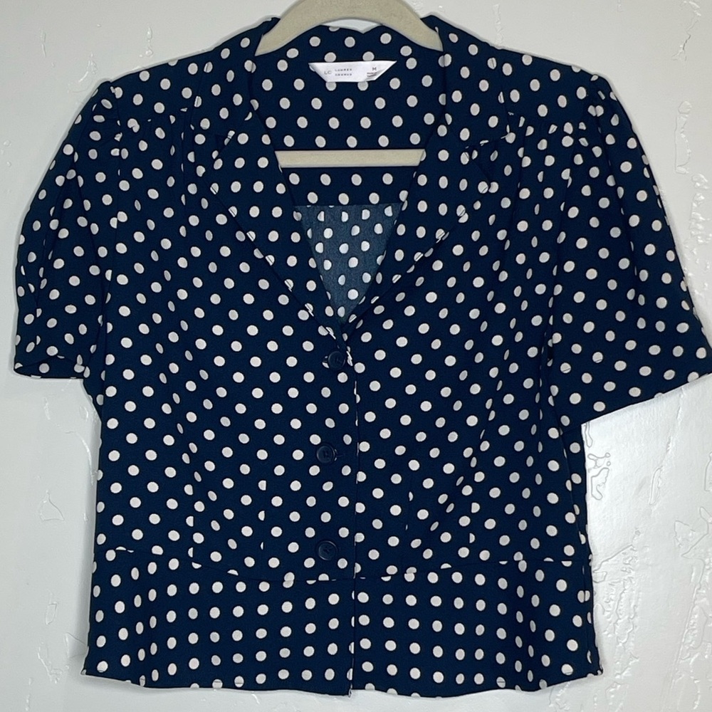 LC Lauren Conrad Navy and White Polka Dot Blouse